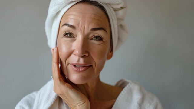 Woman in white robe smiling, content after spa treatment