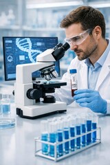 Fototapeta premium Male scientist analyzing DNA sample using microscope in modern laboratory.