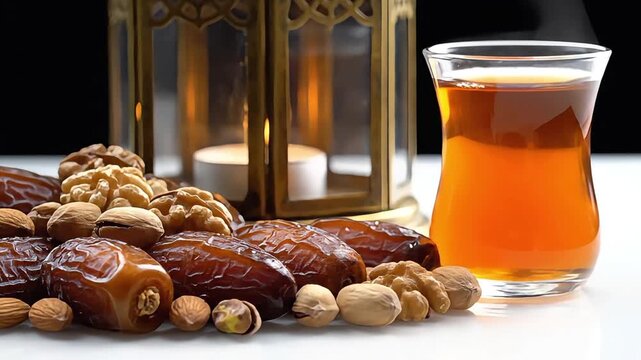 Ramadan Feast Still Life with Dates Nuts and Qamar Al Din Juice Featuring Decorative Lanterns Traditional Celebration Festive Food Stilllife