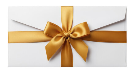 Fototapeta premium Elegant white envelope sealed with a luxurious gold ribbon and bow isolated on transparent background
