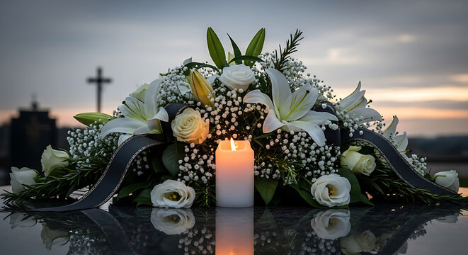 Solemn burning candle surrounded by delicate floral blossoms on a memorial altar symbolizing tragic wrongful death and profound mourning in a peaceful spiritual sanctuary setting.