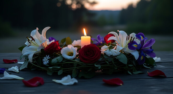 Solitary flickering candle flame surrounded by delicate petals on rustic wooden surface at dusk symbolizing solemn memorial and mournful tribute for remembrance of wrongful death