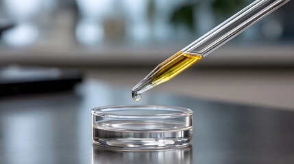 Naklejka premium A laboratory dropper carefully dispenses a drop of yellow liquid into a clear solution in a petri dish