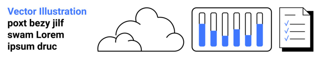 Fototapeta premium Cloud outline, bar graph with data, checklist document. Ideal for technology, analytics, cloud storage, data management, research, organization simple landing page