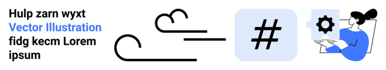 Obraz premium Abstract shapes, metadata tag, gear icon with person managing settings. Ideal for networking, communication, social trends, technology, digital tools, updates simple landing page