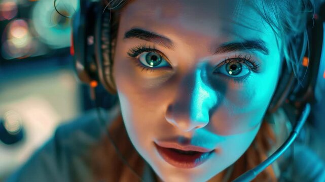 A young woman wearing headphones and sitting in front of a control panel with various illuminated buttons and displays. She has striking blue eyes and a focused or surprised expression.