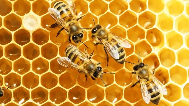 Close-up of honey bees working on a golden beeswax honeycomb filled with fresh honey.
