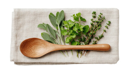 Culinary still life Spoon, herbs, on a linen cloth, from above