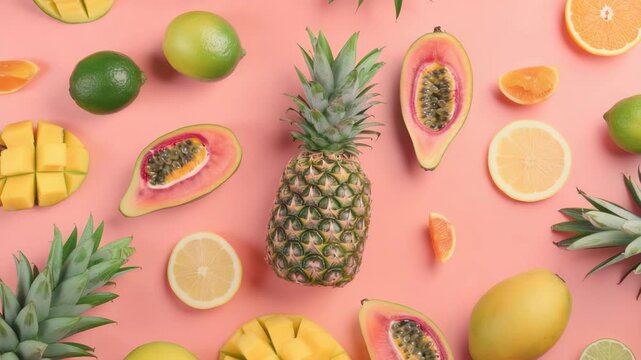 A vibrant display of tropical fruits on a pink backdrop for a healthy and appealing composition.