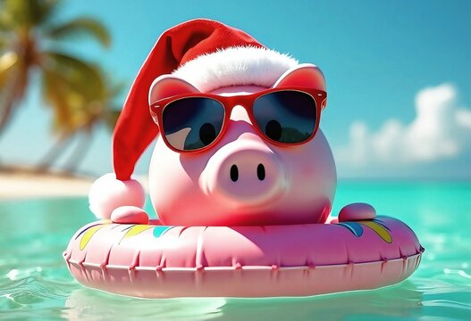 Close up of pink piggy bank with sunglasses and hat, sunny day at summer or winter vacation, at sea beach or pool, sea or ocean background. saving money concept