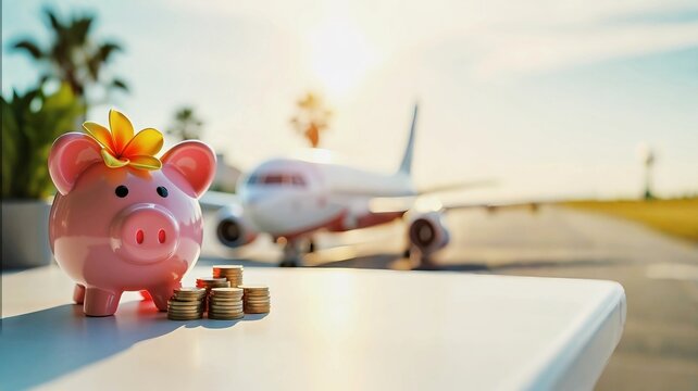 Piggy bank in cap hat, sunglasses, stands on a table top. Summer warm country landscape with mountains, palms, ocean, hotel, sunny day. Vacation, travel. Space for text.