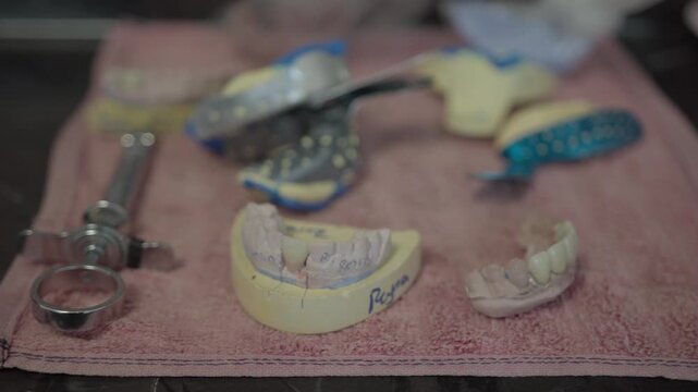 Used dental dentures drying in a dental clinic