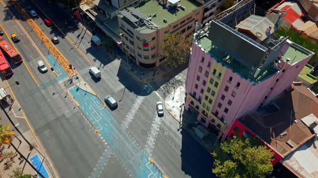 Aerial Establishing View of Lastarria Neighborhood Entrance and Alameda Avenue Santiago de Chile