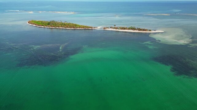 Wide aerial panorama capturing white sand beach, palm trees, and tropical water at Tondol Beach, Anda.