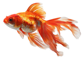Fototapeta premium Detailed image of a vibrant orange and white fantail goldfish, long flowing fins, left