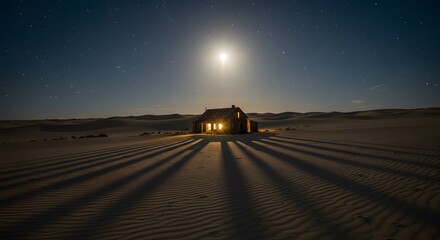 Fototapeta premium Desert scene at night. An old building is illuminated by moonlight, with long shadows