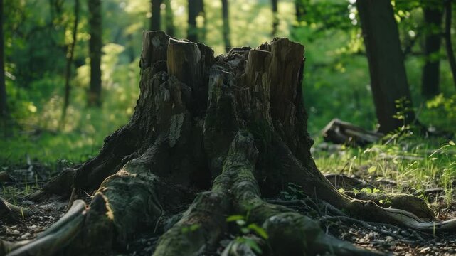 A large tree stump surrounded by roots in a forest setting