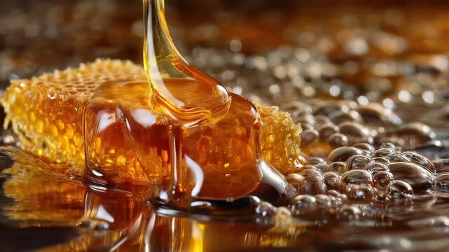 Honey dripping from a honeycomb into a pool of liquid, showcasing texture and bubbles in a dim light setting