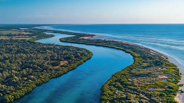 aerial drone footage of serpentine river leading into the mandurah estuary, south yunderup zoom in video