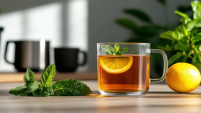 Close-up of herbal tea in glass cup, slices of lemon and fresh mint leaves floating inside, wooden table background of kitchen 