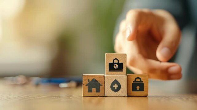 Human hand touching a piece of the block puzzle game with camera and lock symbols, implying privacy or digital security protection. Focused on cybersecurity, data protection or internet safety.