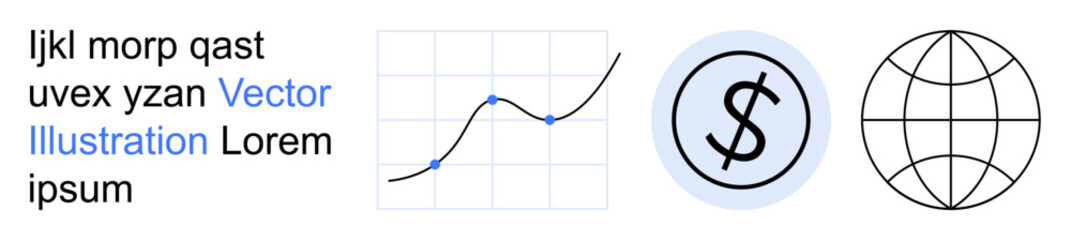 Obraz premium Financial analytics, business trends, currency exchange, digital marketing, global economy, data visualization. Line graph, dollar sign globe icon. Financial analytics and business trends