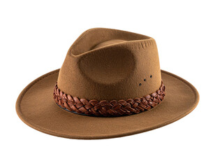 Brown felt hat with leather band and small vents, isolated on black