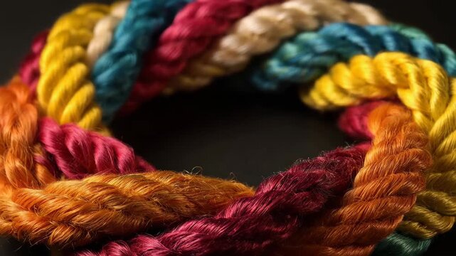 Colorful rope arrangement on a dark background, showcasing various twisted patterns and textures, highlighting craft techniques and artistic design