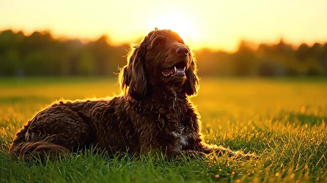 Chocolate Brown Cocker Spaniel Puppy Resting Sunlit Meadow Video Frames Beautiful Sunset Scenery Serene Domestic Canine In Rural Golden Light Landscape