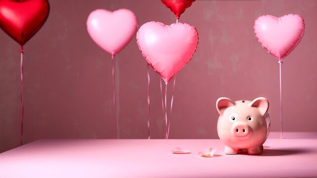 A piggy bank with heart-shaped glasses on table in restaurant during a date, with flowers and glasses of wine. Heart-shaped balloons at background