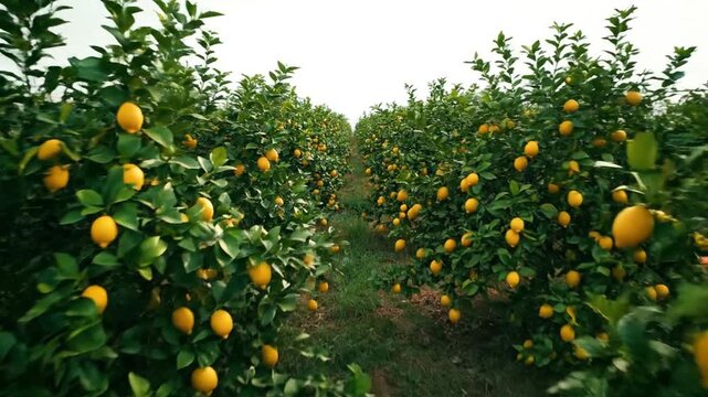 Aerial drone view of a lush Mediterranean orchard in spring, showcasing rows of citrus trees bearing ripe yellow fruits against a bright sky.