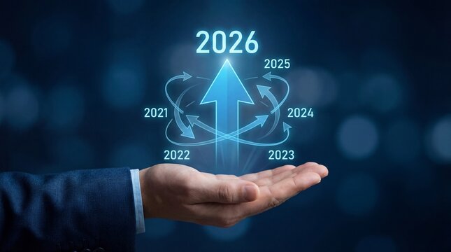 Businessman presenting futuristic timeline with years 2021 to 2026