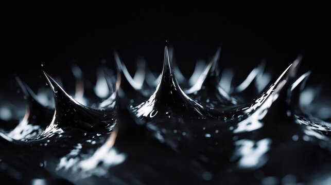 Lowangle of ferrofluid spikes under blue light, laboratorystyle setup with sterile mood, precise magnetic patterning and crystalline reflections suggesting nanotech experiment and scientific study.