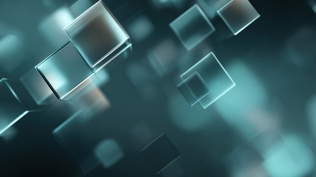 Floating translucent glass cubes in soft teal, gentle bokeh and muted highlights create calm corporate atmosphere, layered depth and subtle reflections suitable for presentation slides, hero banners,