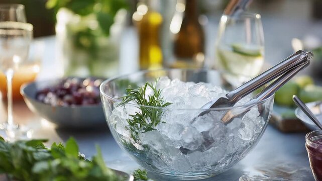 Ice bowl with herbs and ingredients ready for meal preparation at a gathering in a backyard during summer