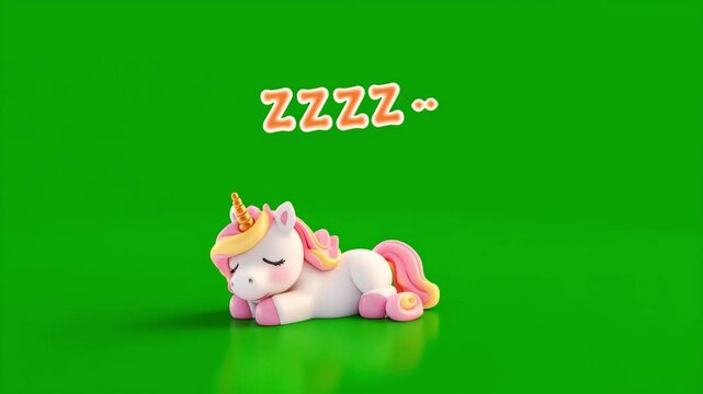 Sleeping unicorn on empty green screen. Cute cartoon looped animal animation. Night background. zzzz. Cute animation chroma key
