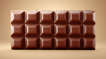 Naklejka premium Classic milk chocolate bar with rectangular segments, evenly divided squares, isolated on soft neutral background. Timeless chocolate bar design.