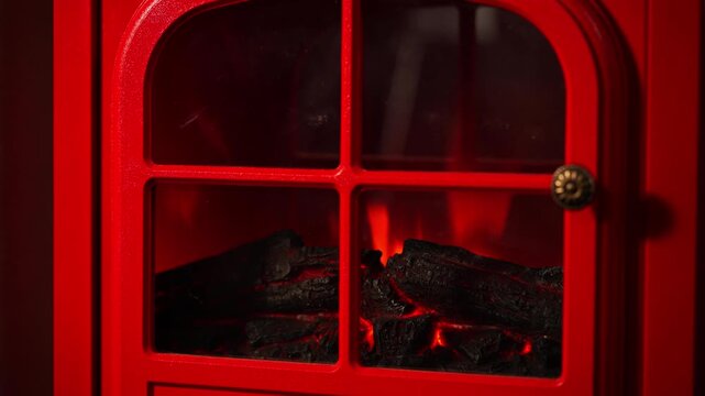 A warm and inviting winter scene with a retro red fireplace.