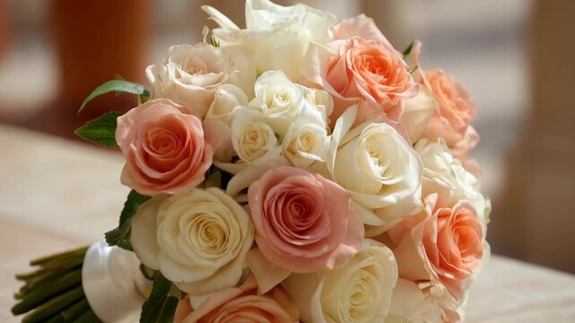 Beautiful bouquet of roses in various colors placed on a table in a bright space during daylight hours