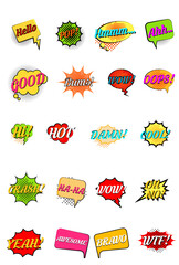 Vector illustration of a business collection featuring a set of comic speech bubbles and labels for sale tags, shop signs, and discount stickers