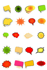 Vector set of colorful speech bubbles and comic chat clouds featuring cartoon talk balloons and communication icons for message design elements