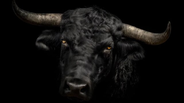 Black bull with strong horns and intense eyes in dark background