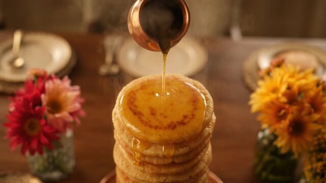 Cinematic Video of Clarified Butter Ghee Pouring on Stack of Hot Homemade Puran Poli Sweet Flatbread on Festive Table with Steam