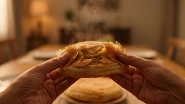 Close Up Video of Hands Breaking Freshly Made Hot Puran Poli Flatbread Revealing Sweet Stuffing and Flaky Texture with Steam Rising