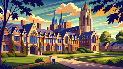 Naklejka premium Very beautiful view of Saybrook College at Yale University, where Collegiate Gothic design reveals intricate stonework, vaulted forms, and enduring academic heritage within a historic campus.