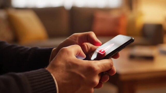 Close-up of a person holding a smartphone displaying an error message suggesting a technical issue or security alert in a cozy home setting