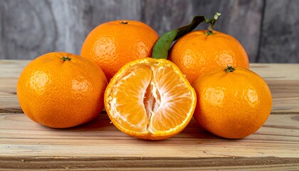 Fresh Ripe Tangerines and Clementines on a Wooden Table.
