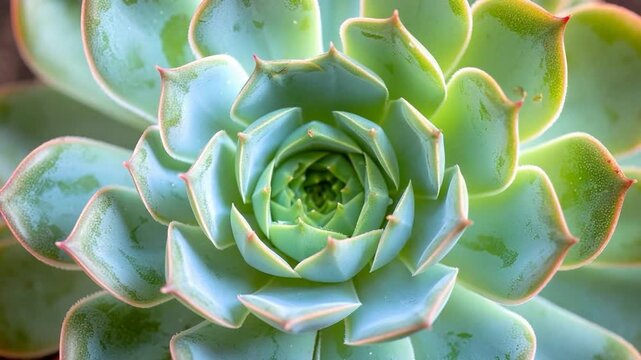 A close-up of a succulent's intricate rosette with green and red accents