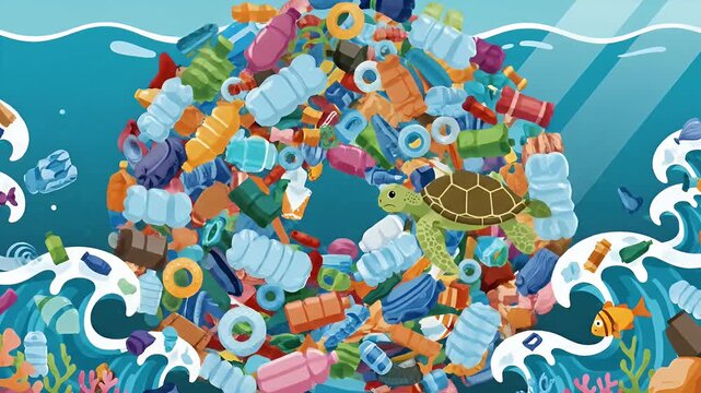 Sad sea turtle swimming in ocean polluted with plastic waste