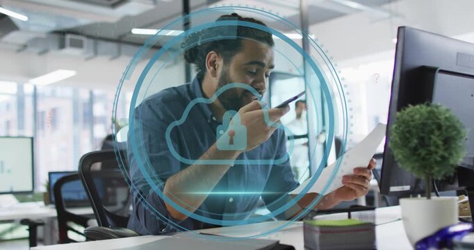 Tech using cell and doc title appearing HUD growing layering cloud lock over him checking security